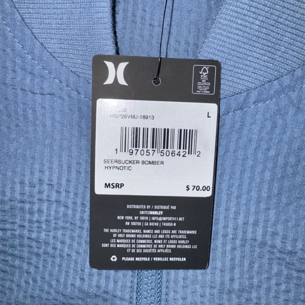 Hurley Seersucker Bomber Mens Textured Full Zip Jacket Hypnotic Blue Large NEW - Picture 4 of 8